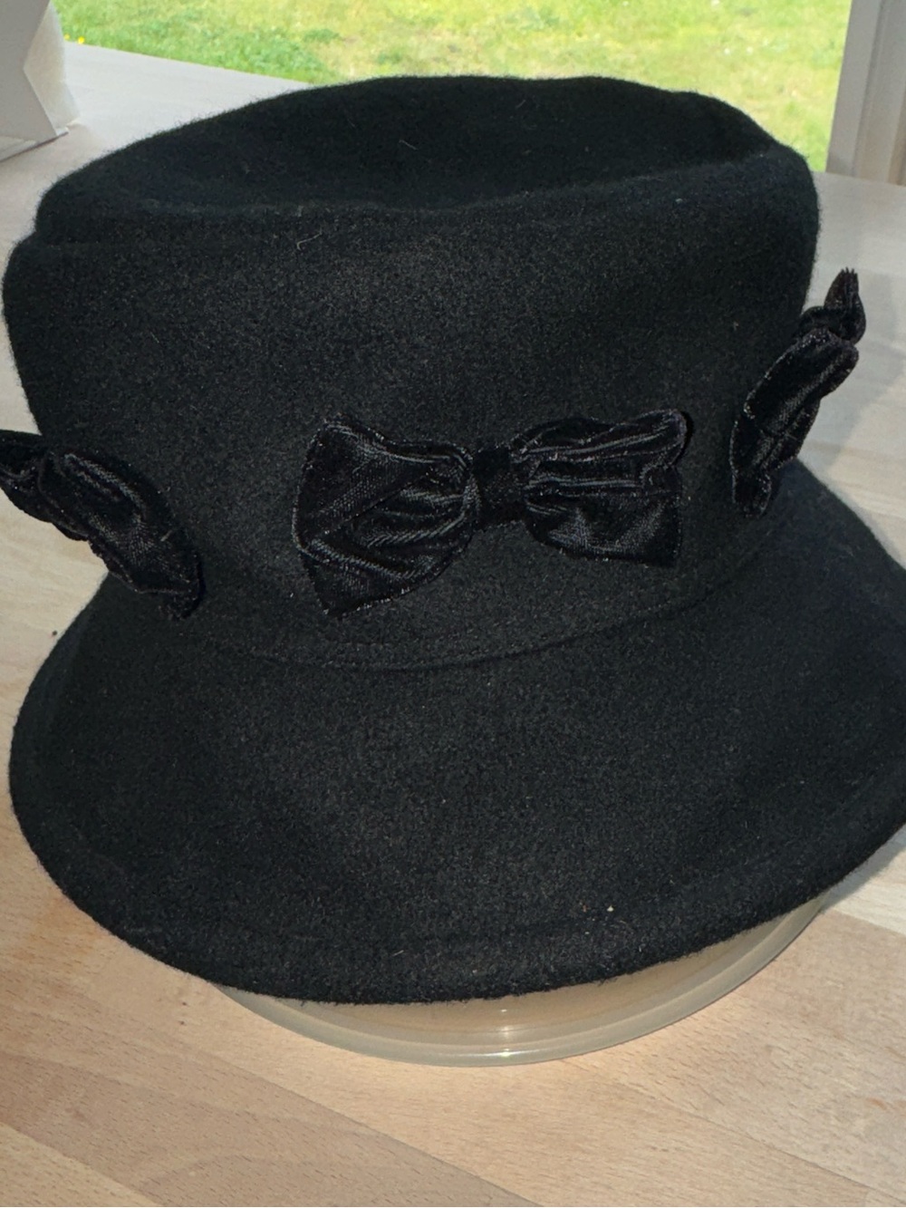Vintage 90s  Black Wool Felt Bucket Hat 3 Velvet Bows Satin Lined Made in Canada - Picture 1 of 9